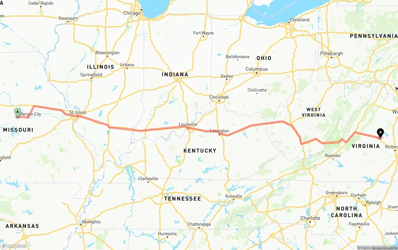 Shipping route from Missouri to Virginia