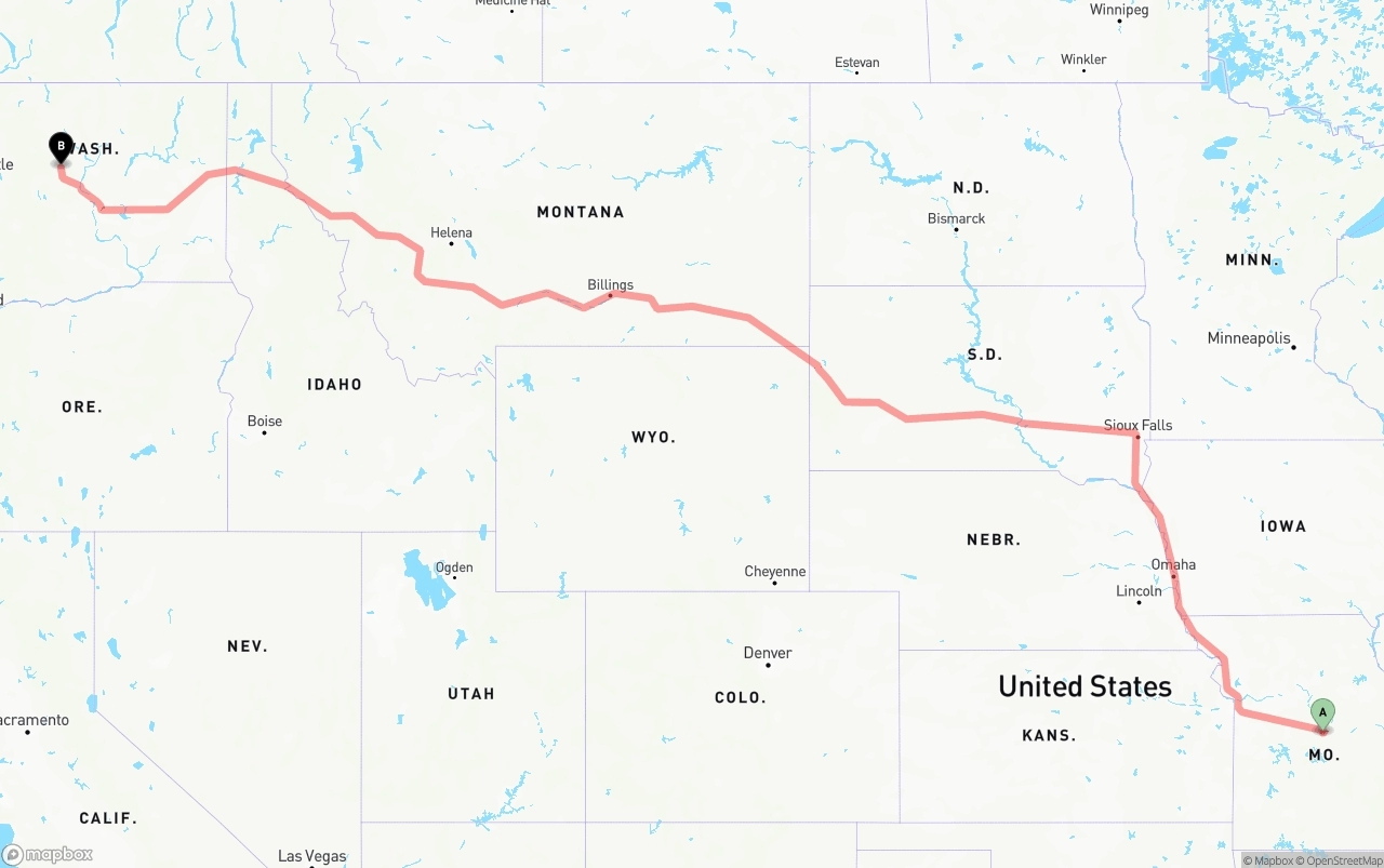 Shipping route from Missouri to Washington