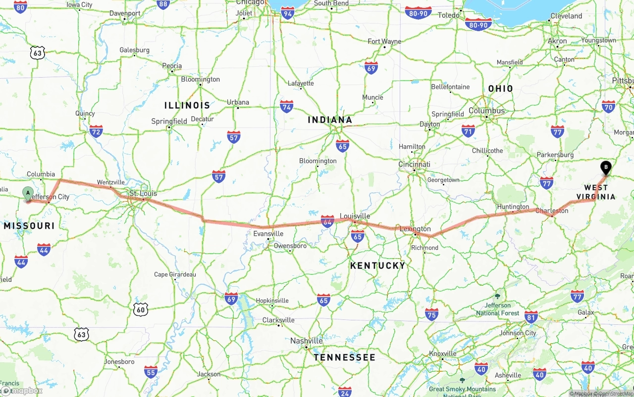 Shipping route from Missouri to West Virginia