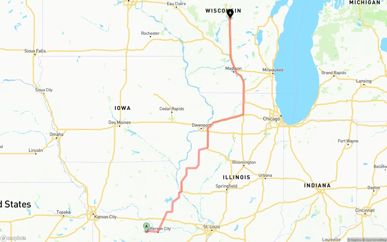 Shipping route from Missouri to Wisconsin