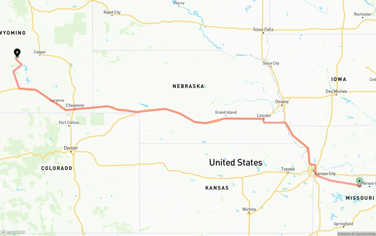 Shipping route from Missouri to Wyoming