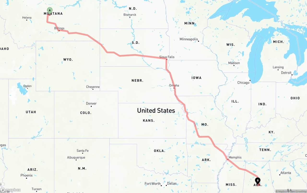 Shipping route from Montana to Alabama