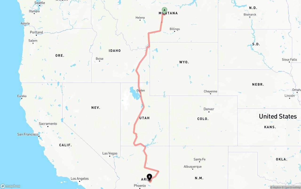 Shipping route from Montana to Arizona