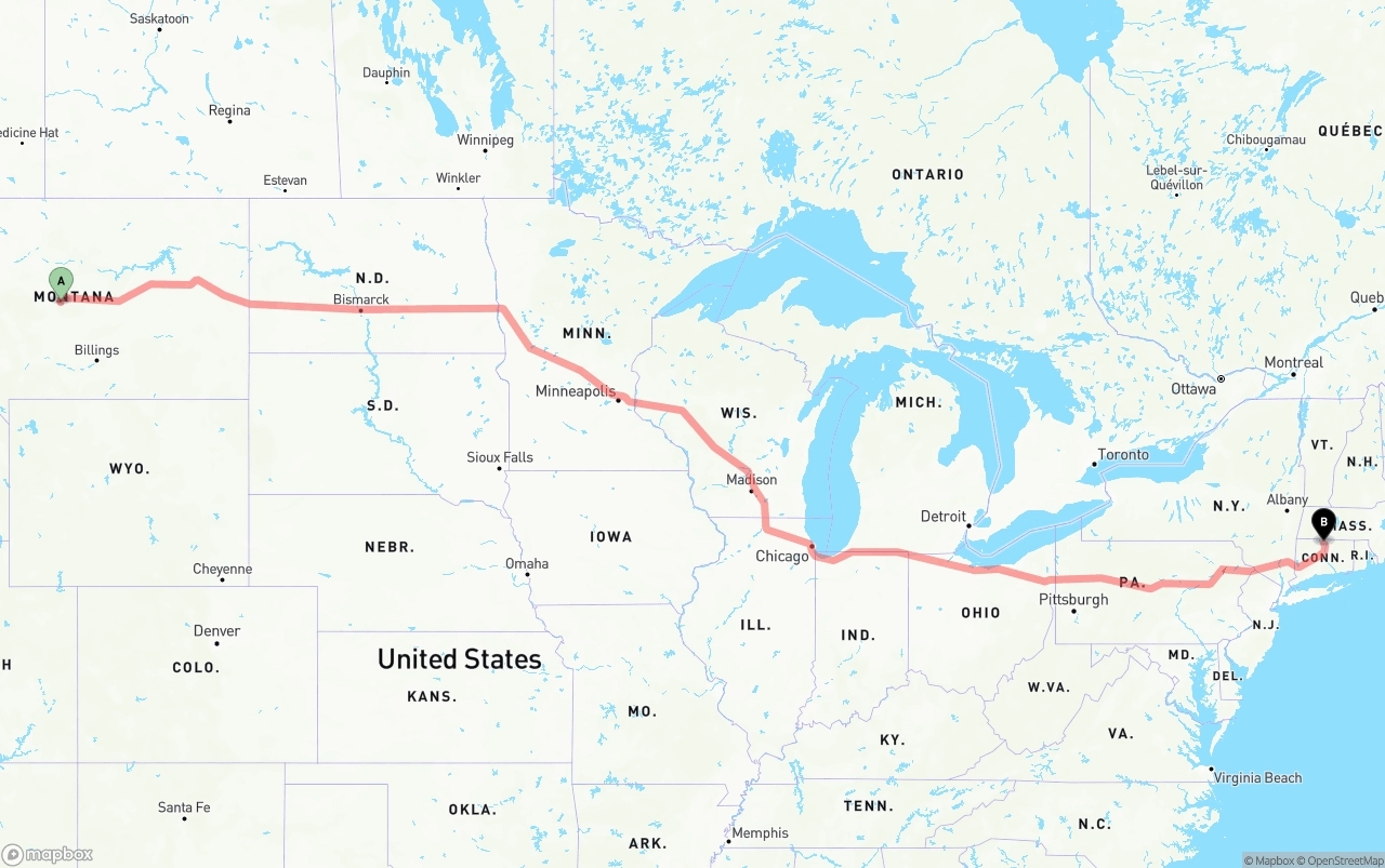 Shipping route from Montana to Bradley International Airport