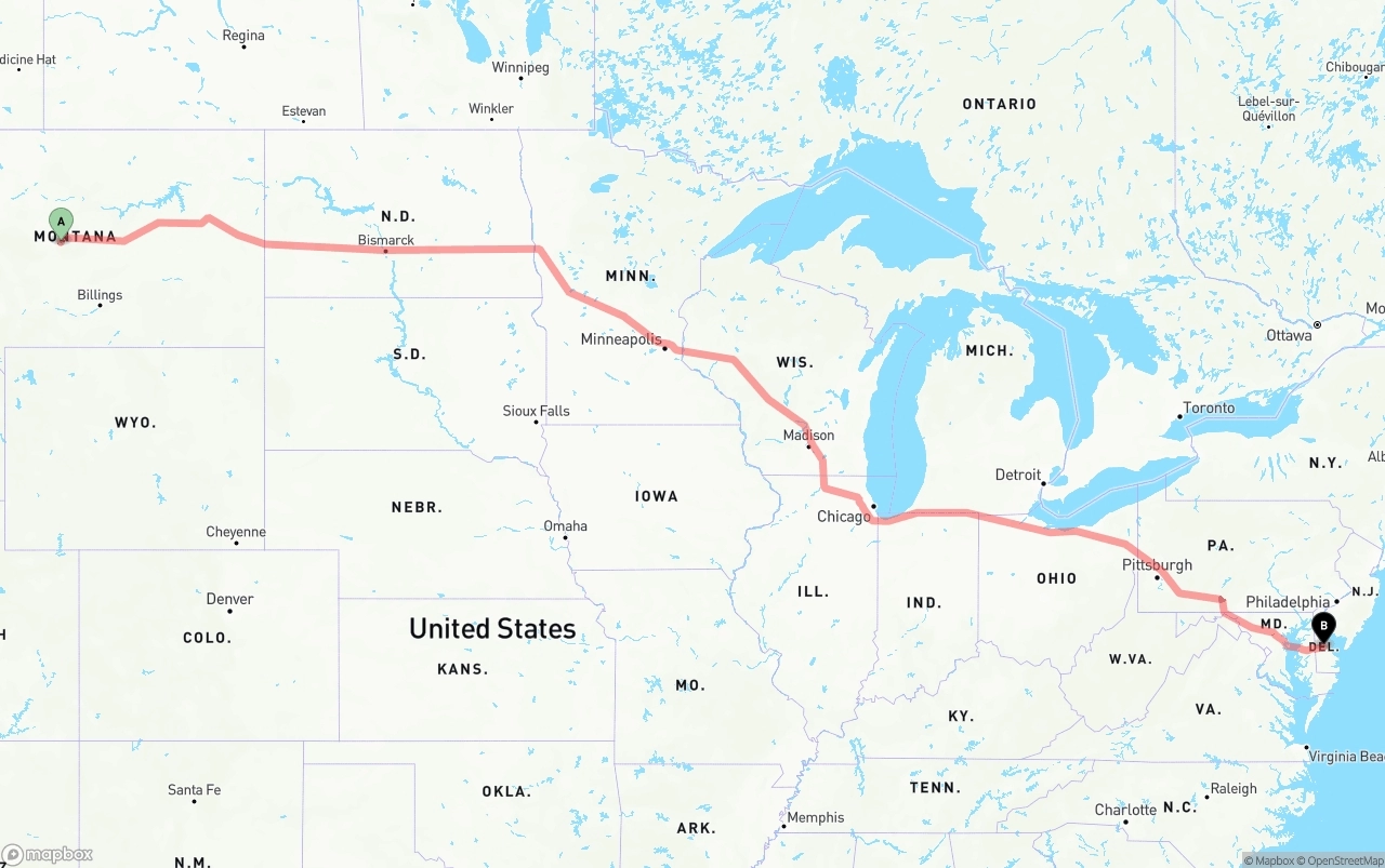 Shipping route from Montana to Delaware