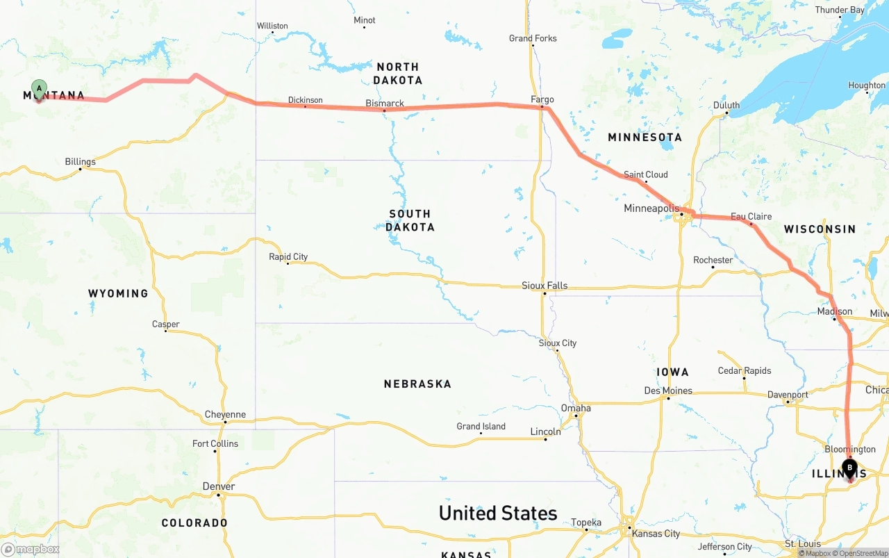 Shipping route from Montana to Illinois