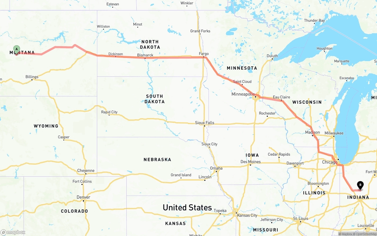 Shipping route from Montana to Indiana