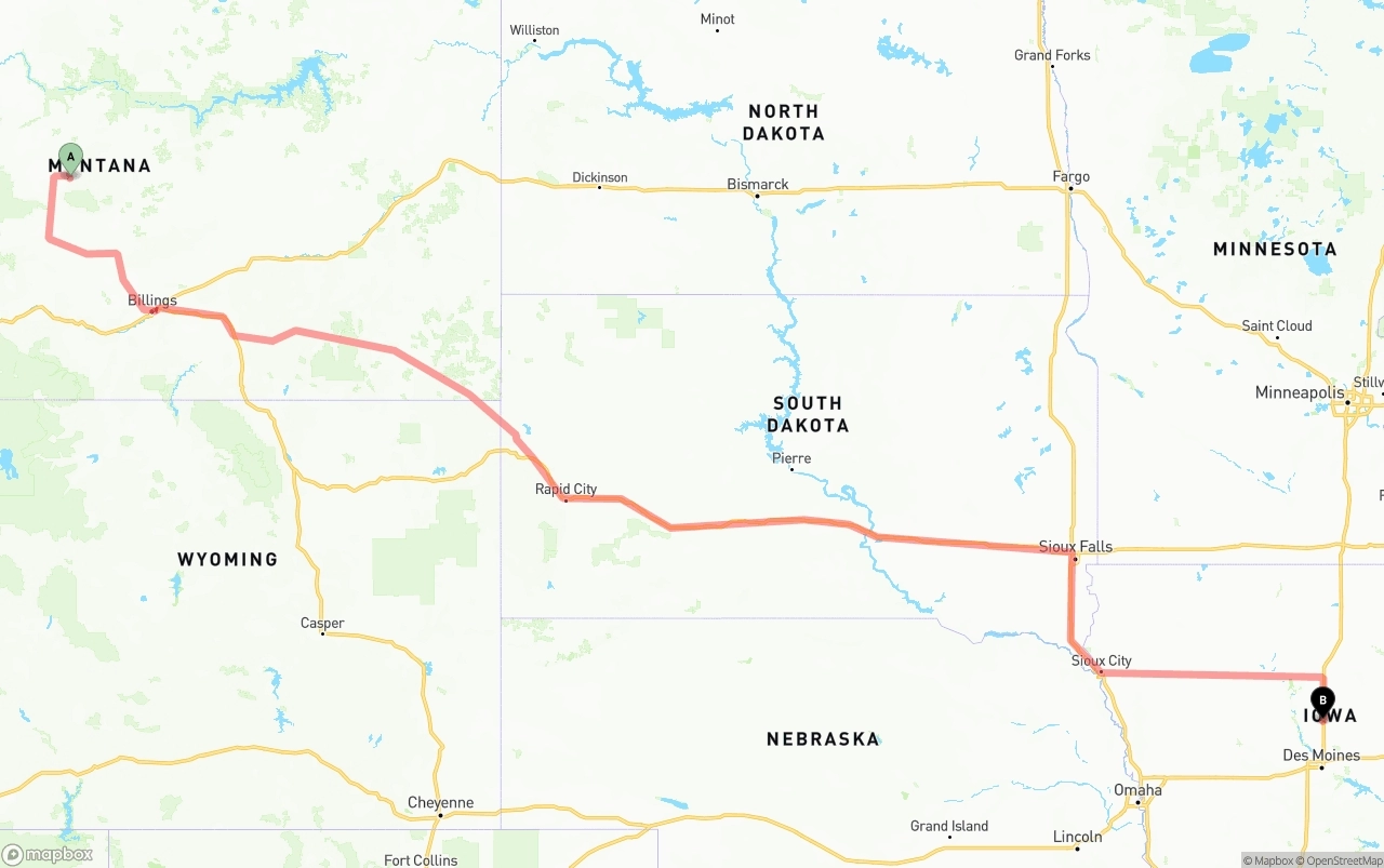 Shipping route from Montana to Iowa