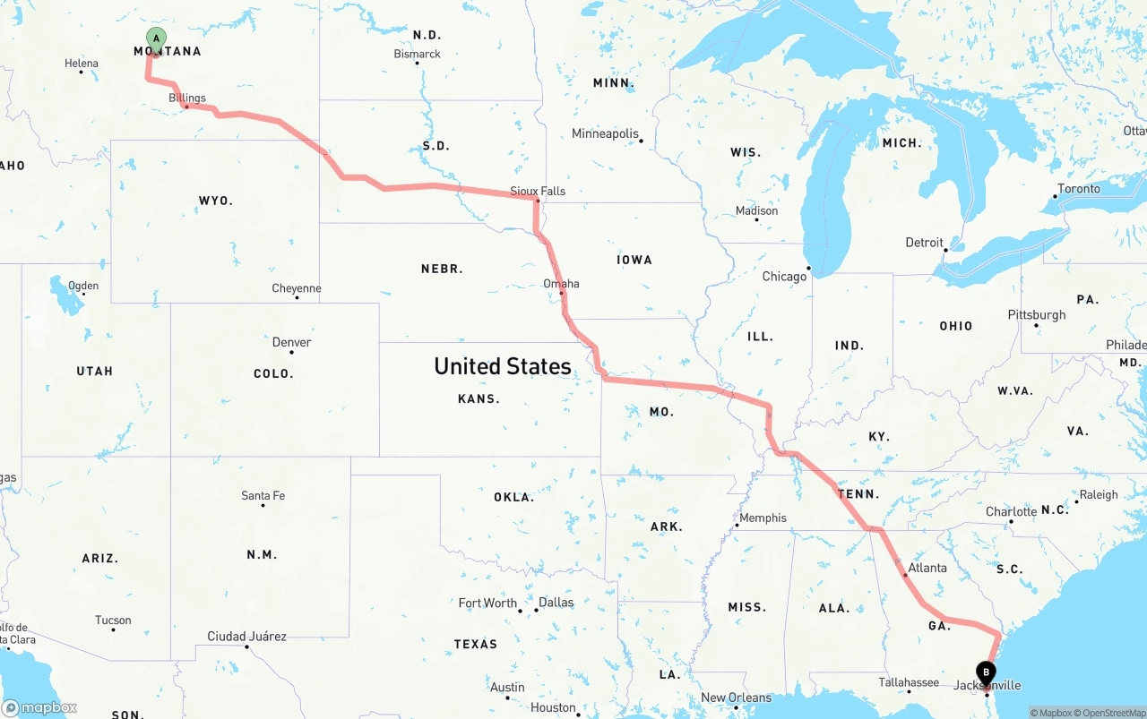 Shipping route from Montana to Jacksonville International Airport