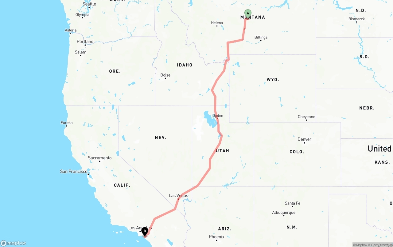 Shipping route from Montana to John Wayne Airport — Orange County