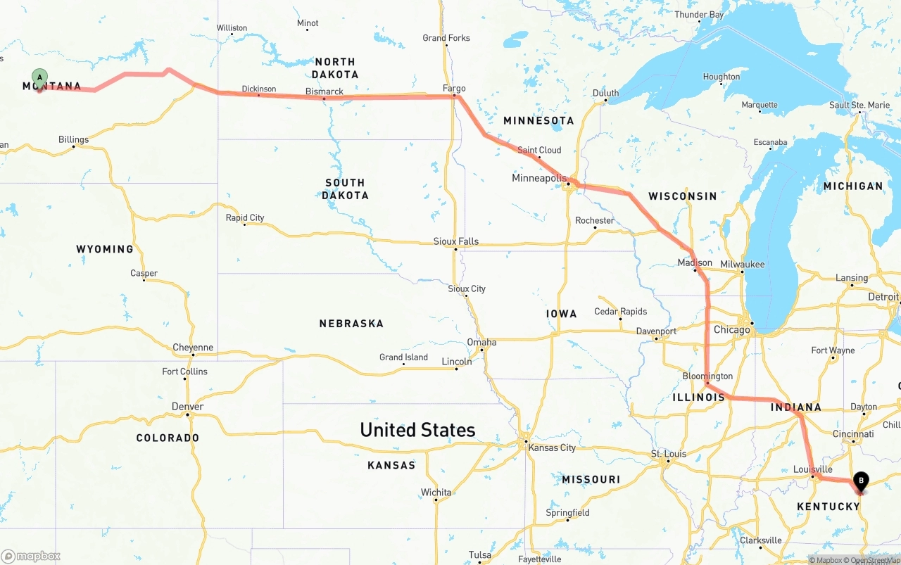Shipping route from Montana to Kentucky