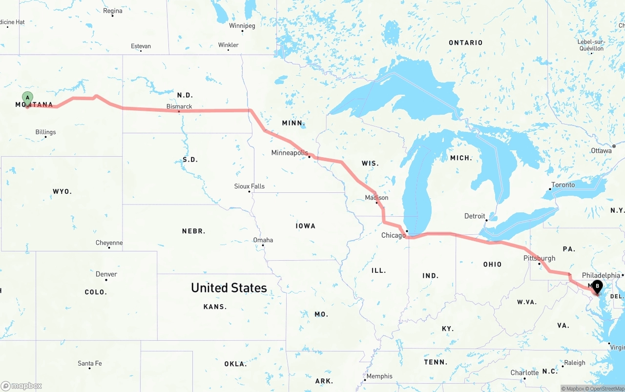Shipping route from Montana to Maryland