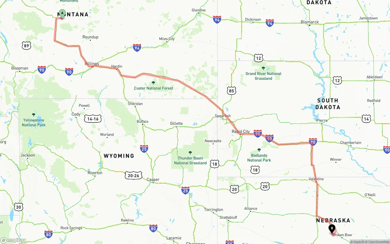 Shipping route from Montana to Nebraska