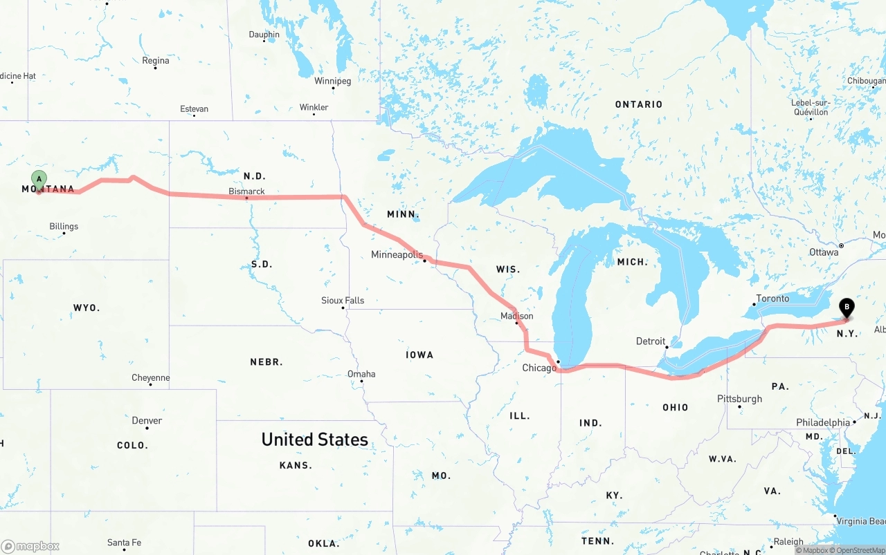 Shipping route from Montana to New York
