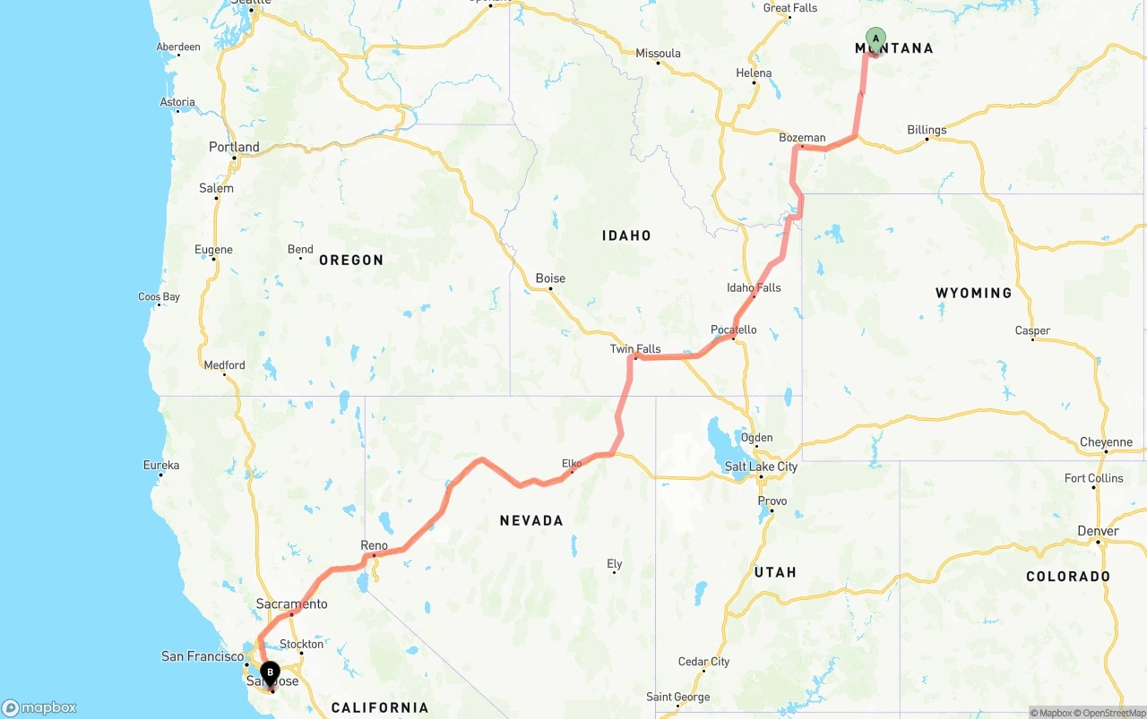 Shipping route from Montana to Norman Y. Mineta San Jose International Airport