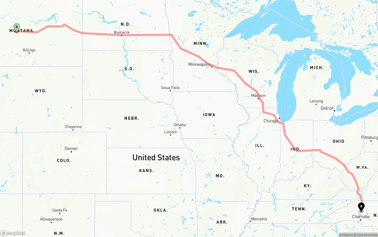 Shipping route from Montana to North Carolina