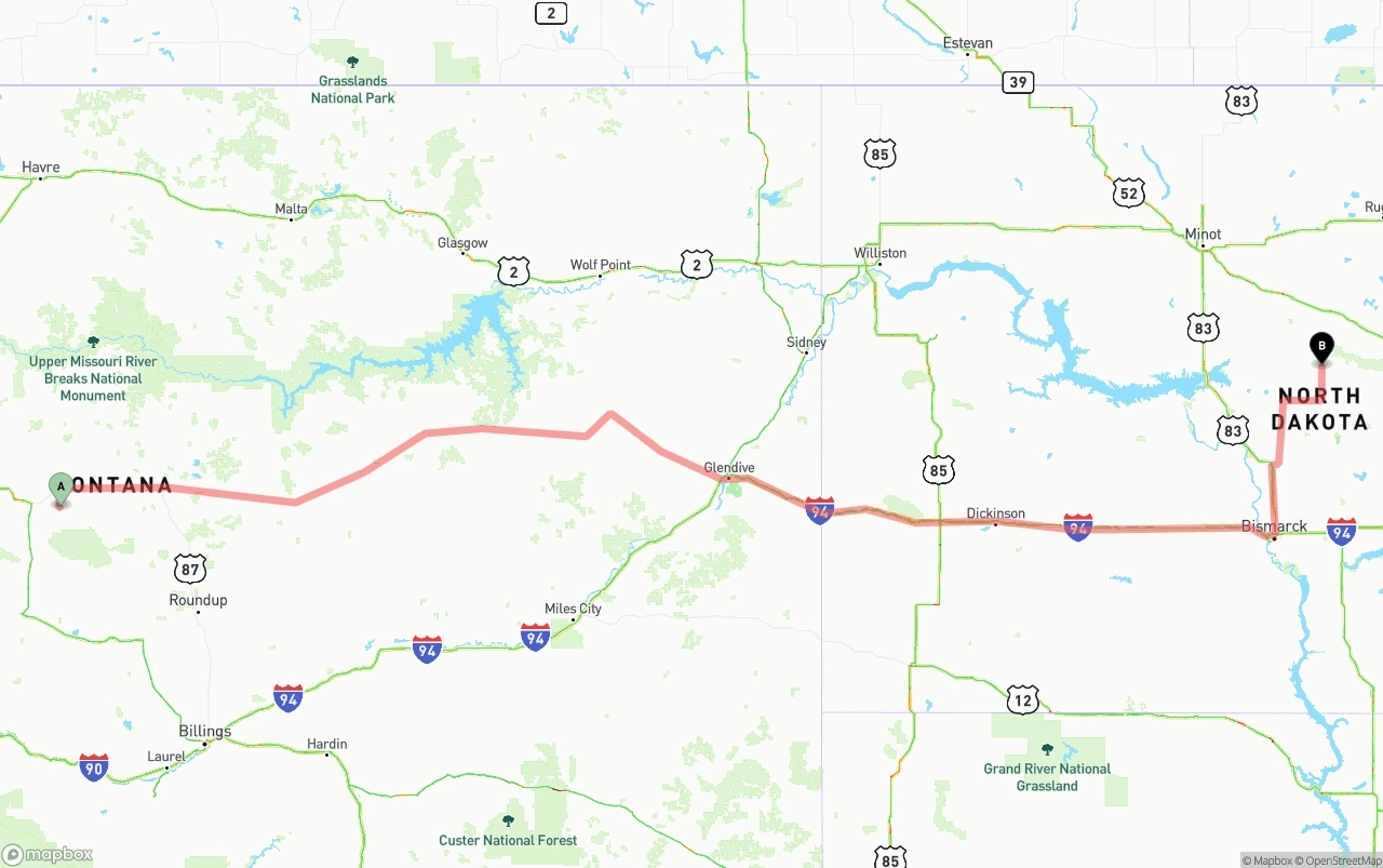 Shipping route from Montana to North Dakota