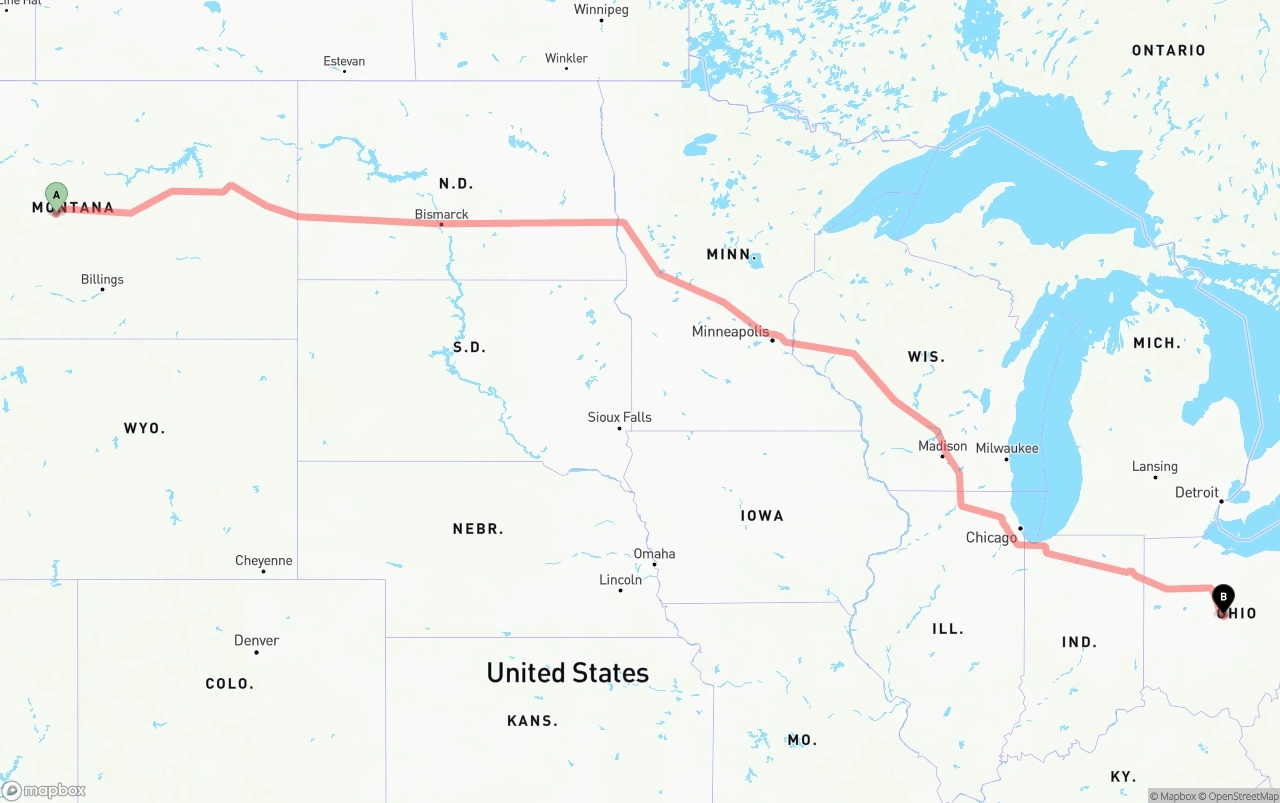 Shipping route from Montana to Ohio