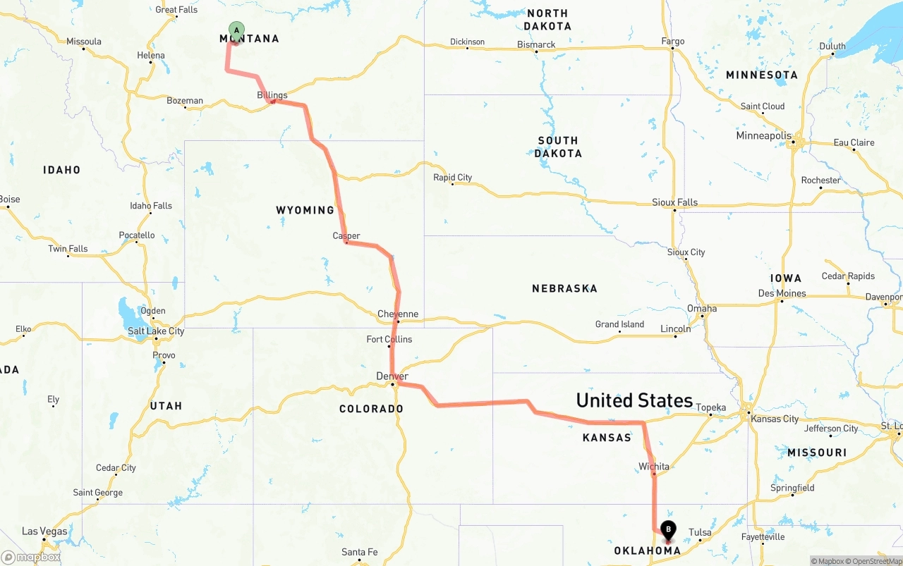 Shipping route from Montana to Oklahoma