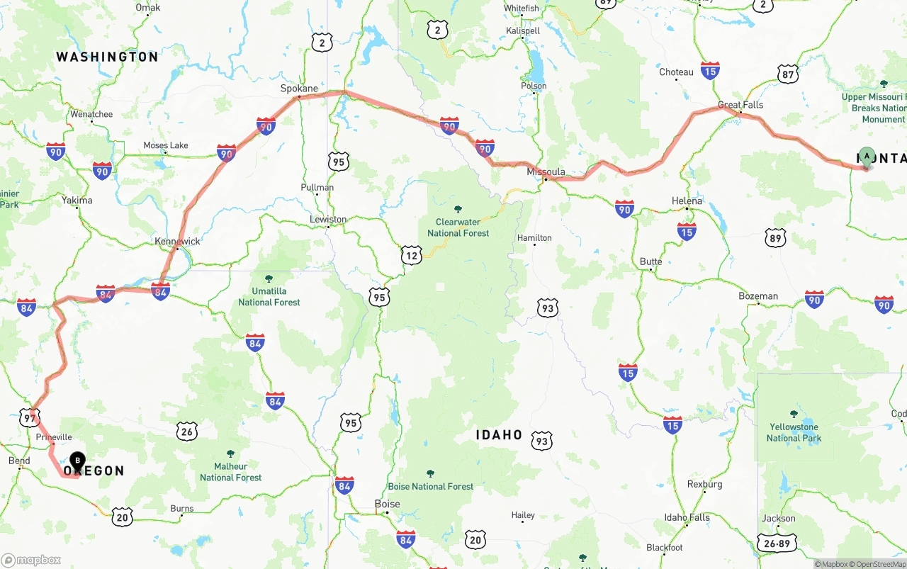 Shipping route from Montana to Oregon