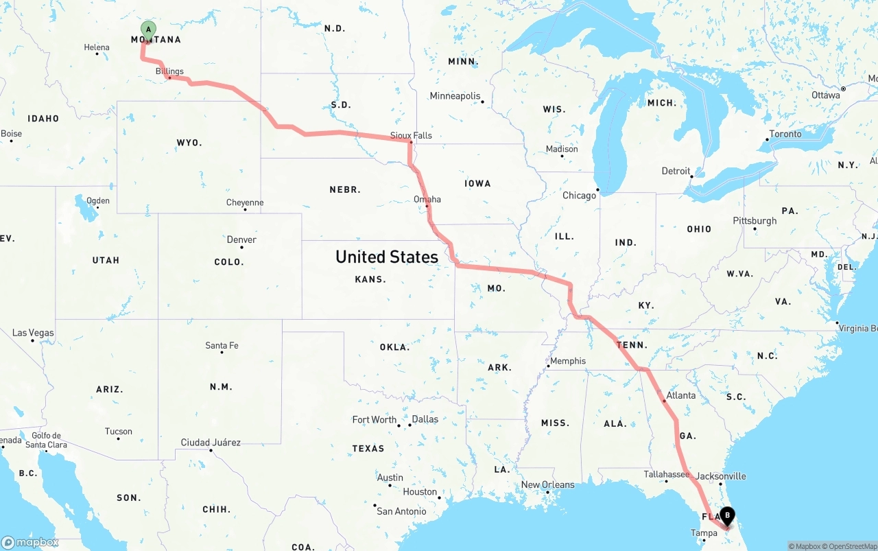 Shipping route from Montana to Orlando International Airport