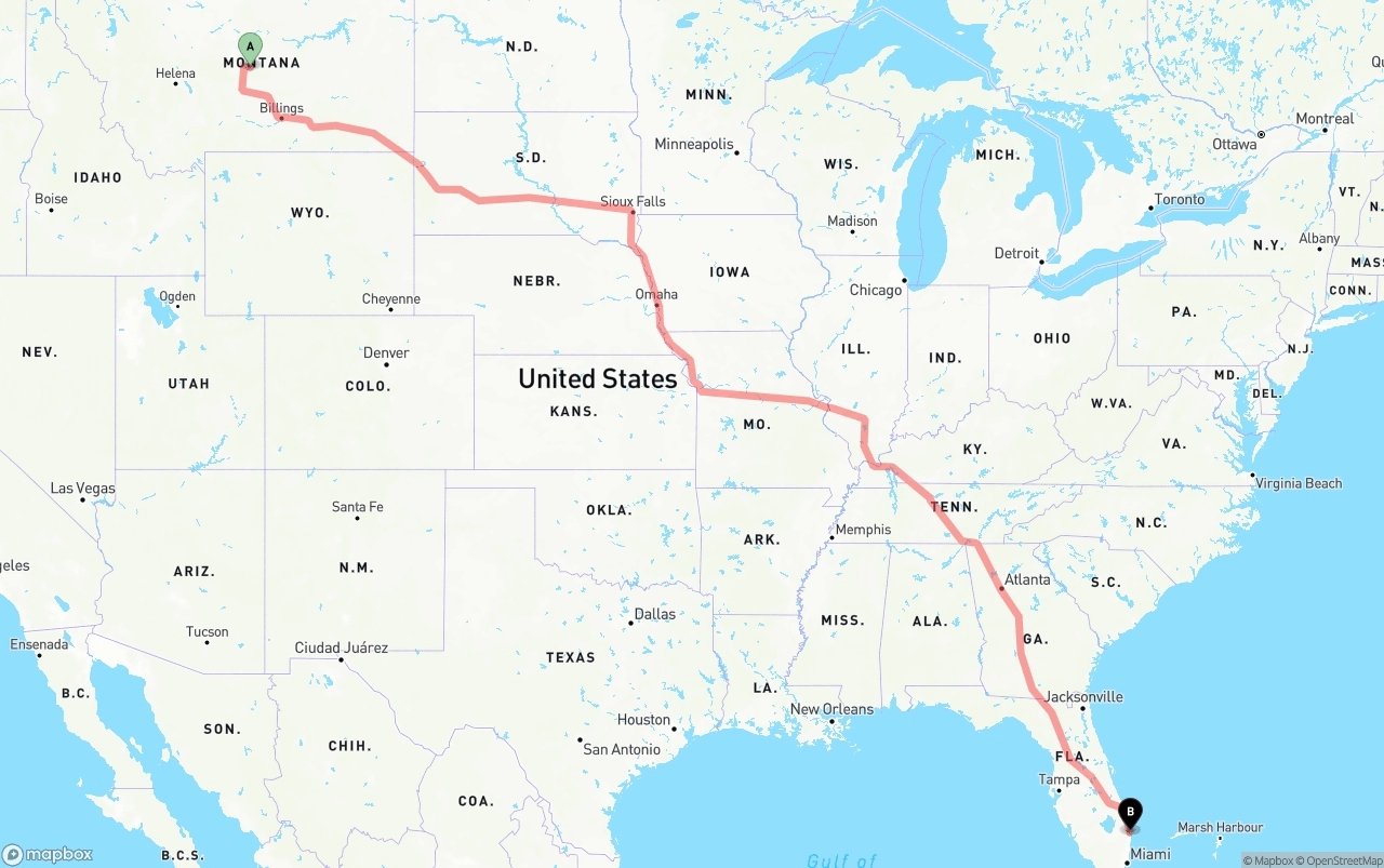 Shipping route from Montana to Palm Beach International Airport