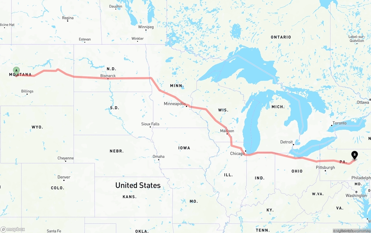 Shipping route from Montana to Pennsylvania
