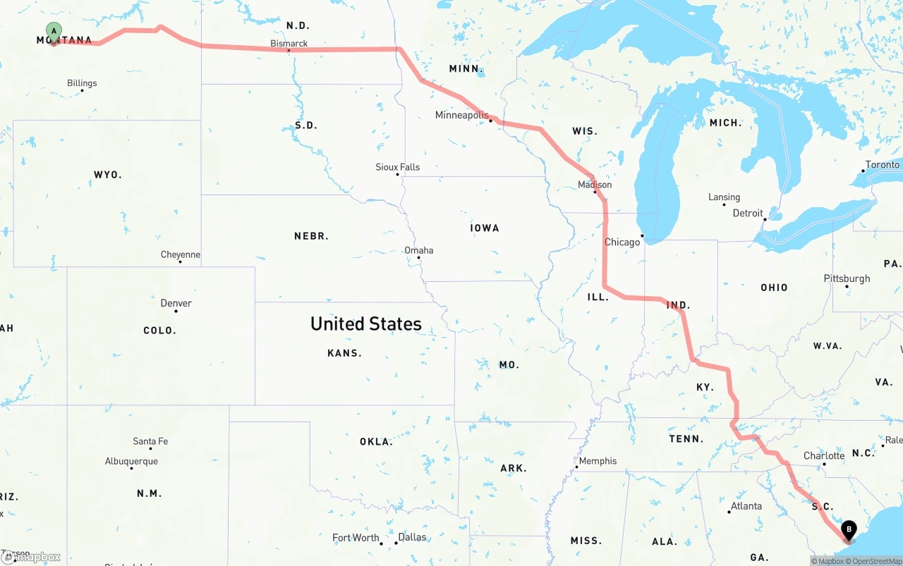 Shipping route from Montana to Port of Charleston