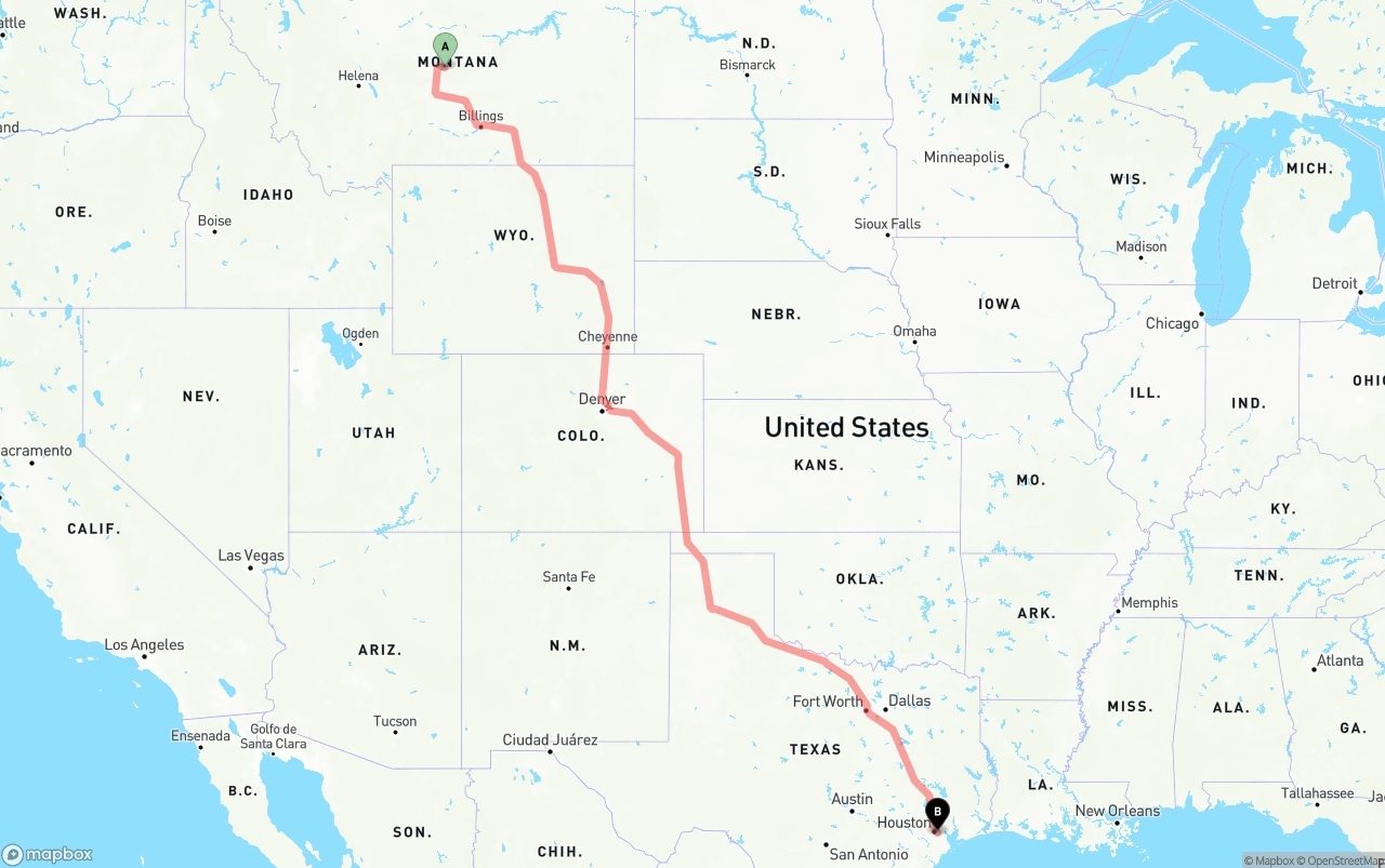 Shipping route from Montana to Port of Houston