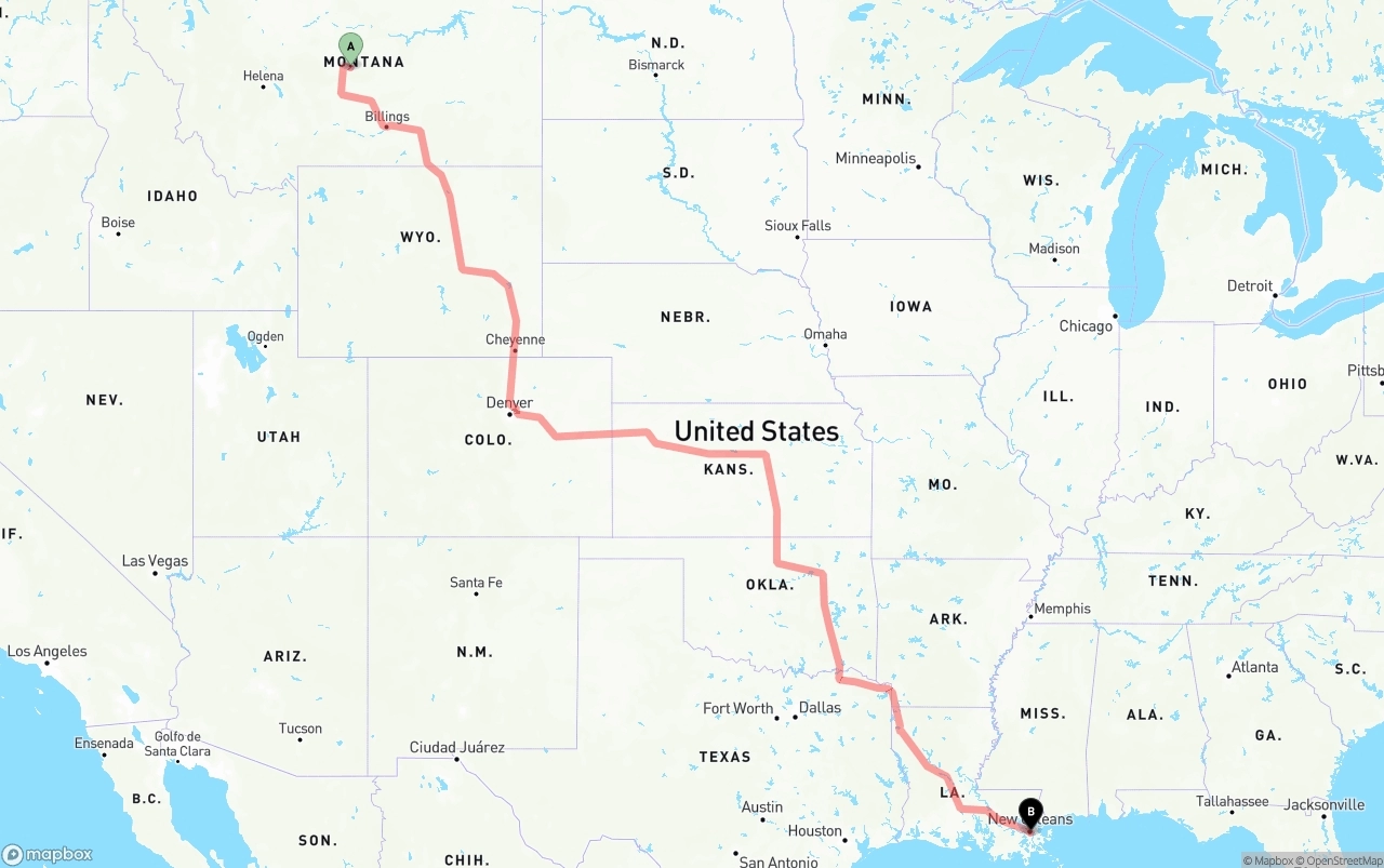 Shipping route from Montana to Port of New Orleans