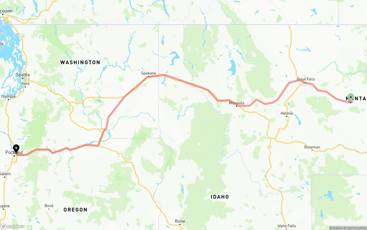 Shipping route from Montana to Port of Portland