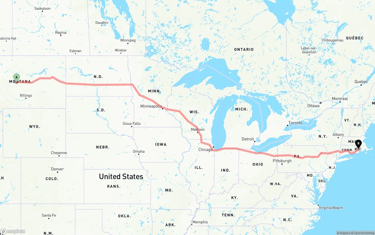 Shipping route from Montana to Rhode Island