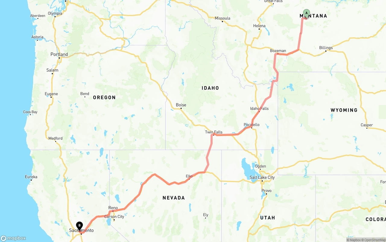 Shipping route from Montana to Sacramento International Airport
