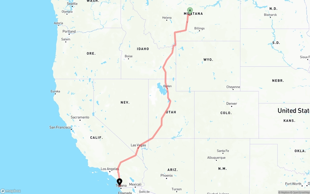 Shipping route from Montana to San Diego International Airport