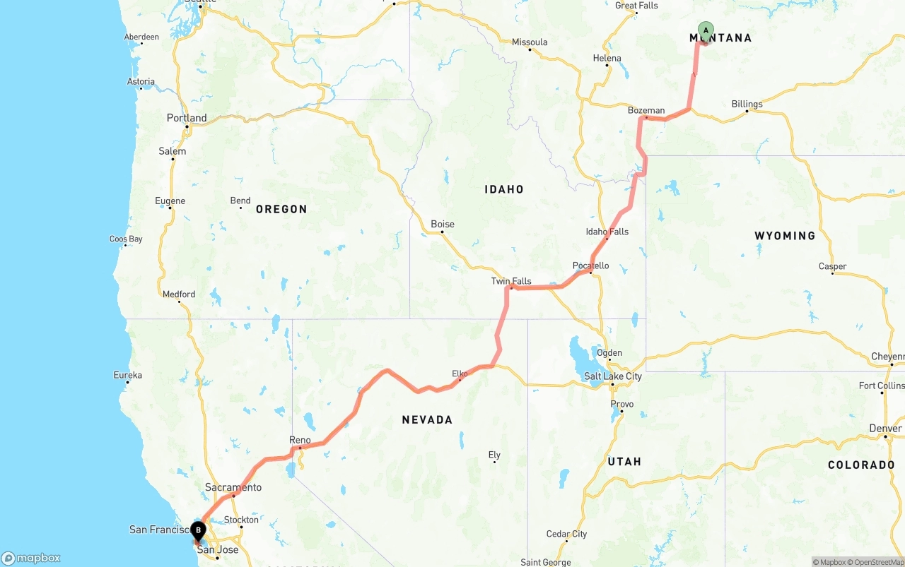 Shipping route from Montana to San Francisco International Airport