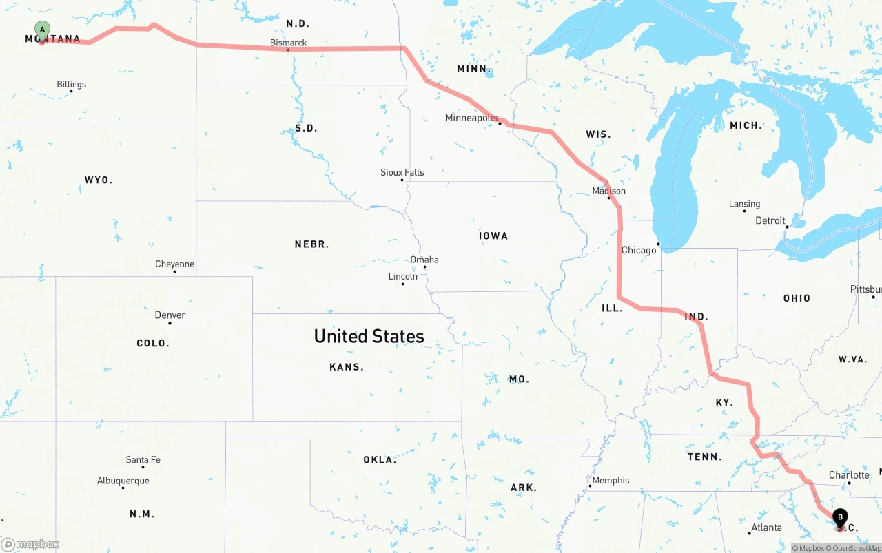 Shipping route from Montana to South Carolina
