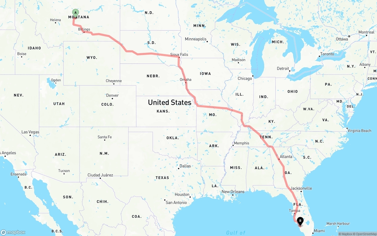 Shipping route from Montana to Southwest Florida International Airport