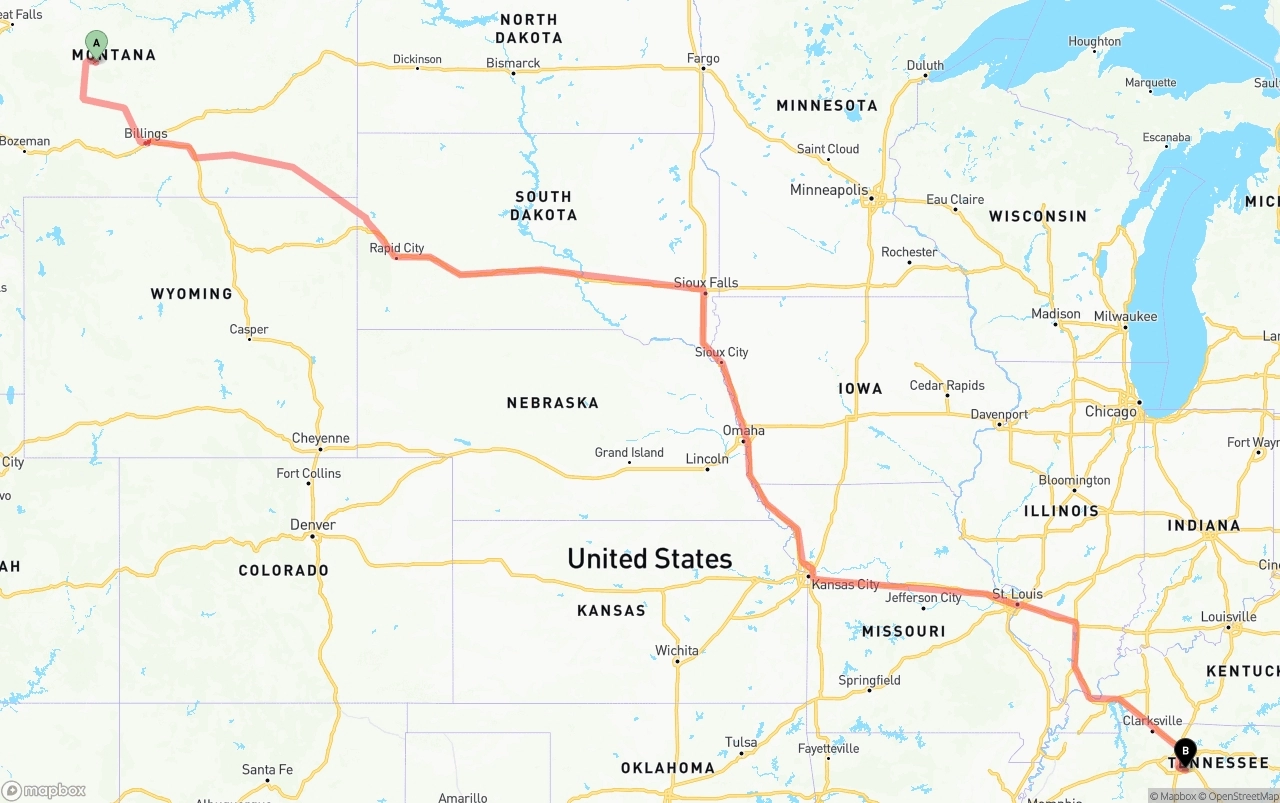 Shipping route from Montana to Tennessee
