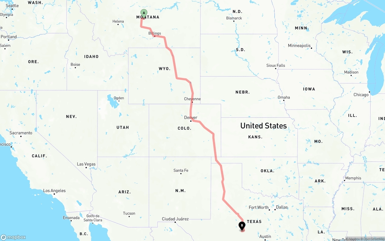 Shipping route from Montana to Texas