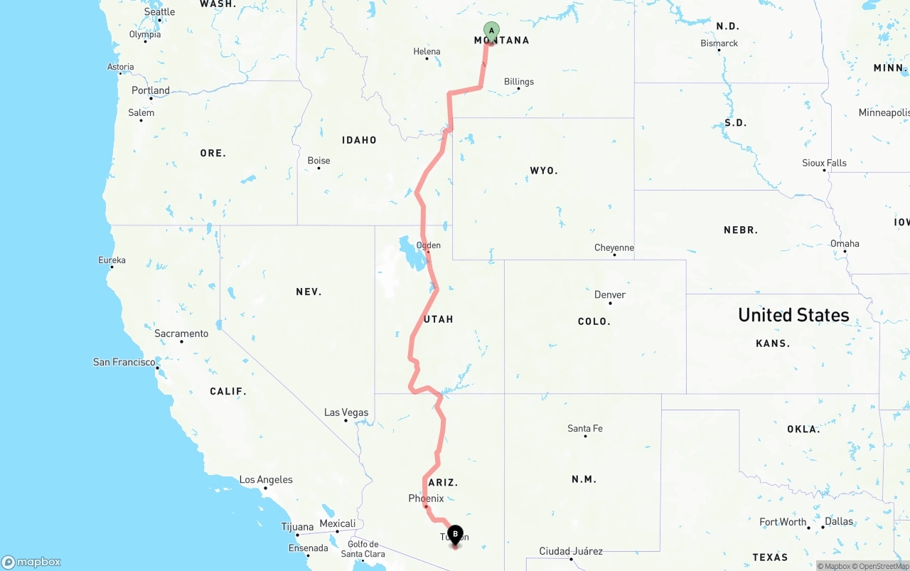 Shipping route from Montana to Tucson International Airport