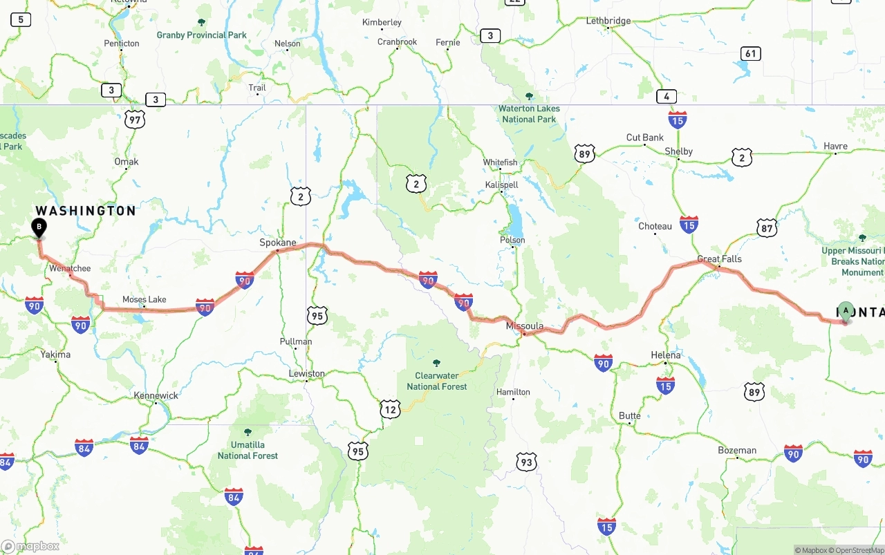 Shipping route from Montana to Washington