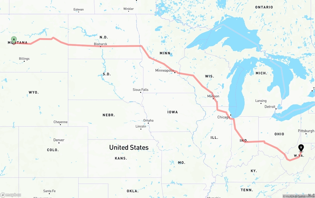 Shipping route from Montana to West Virginia