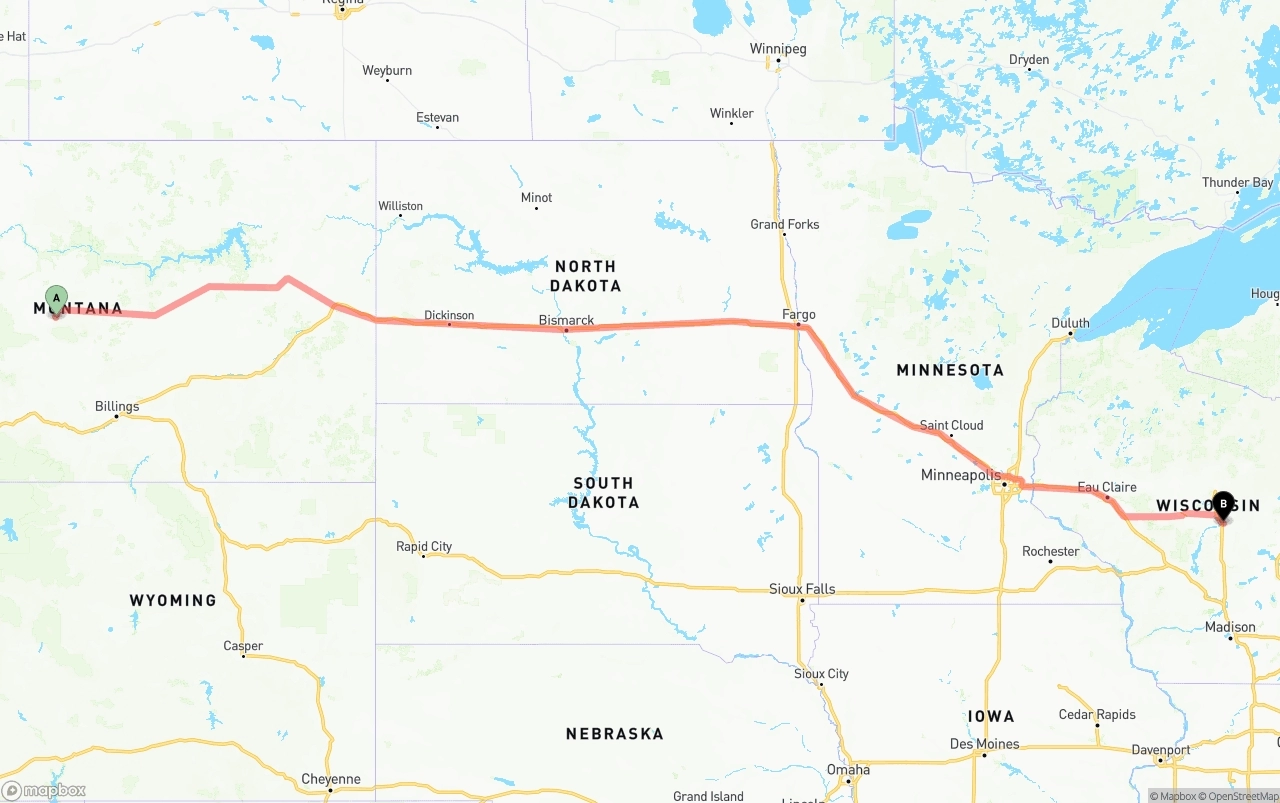 Shipping route from Montana to Wisconsin
