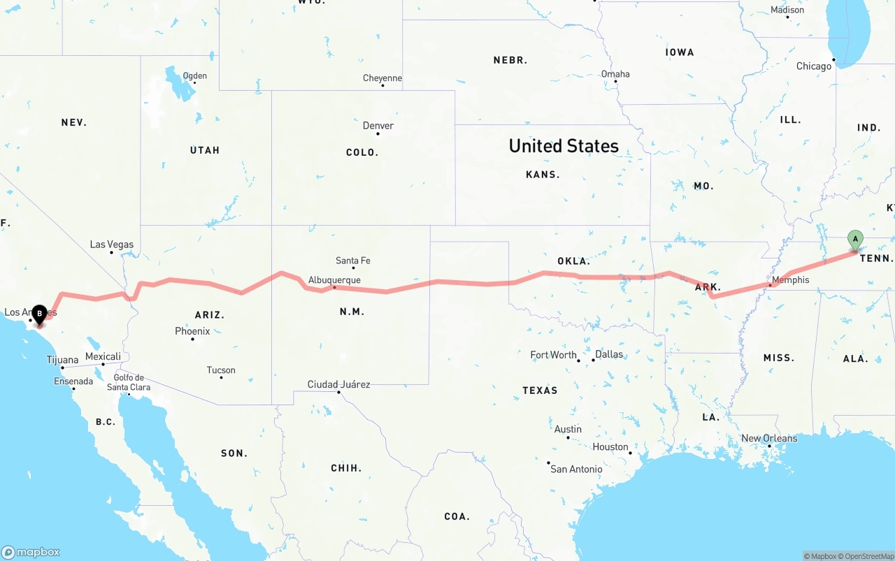 Shipping route from Nashville to Anaheim