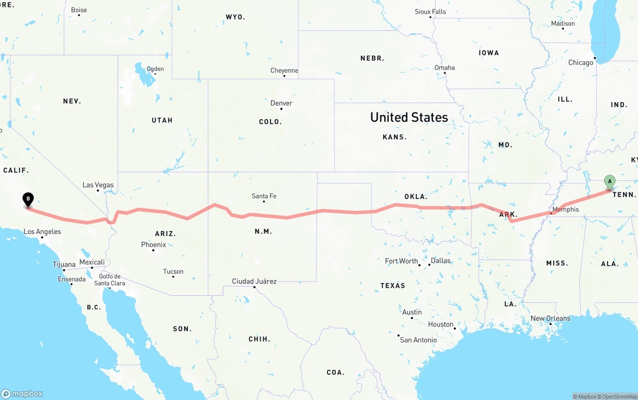 Shipping route from Nashville to Bakersfield