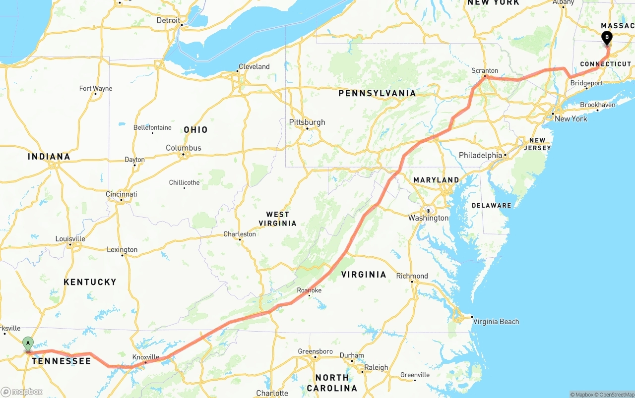 Shipping route from Nashville to Bradley International Airport