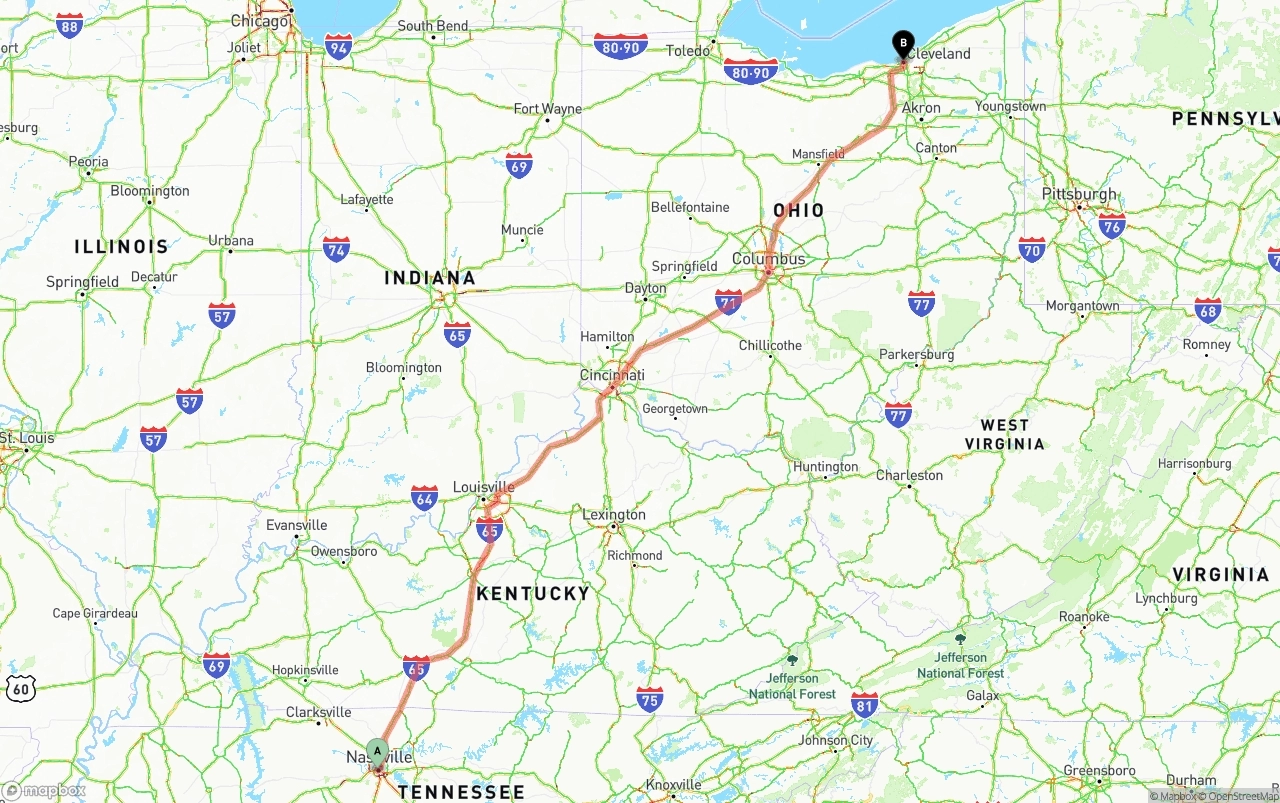 Shipping route from Nashville to Cleveland