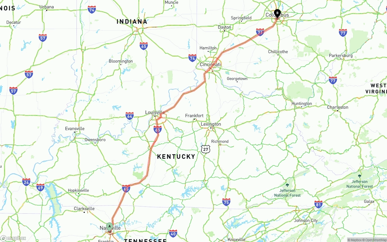 Shipping route from Nashville to Columbus