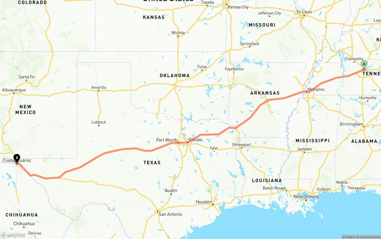 Shipping route from Nashville to El Paso
