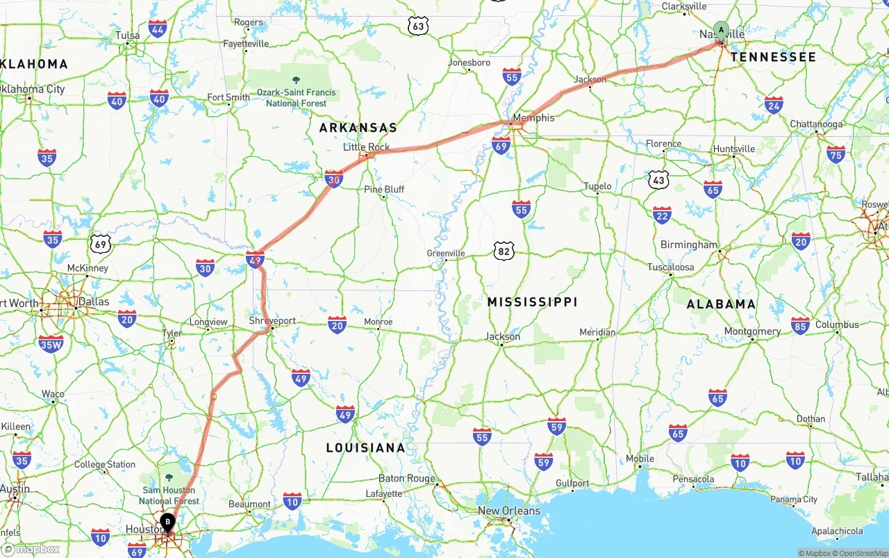 Shipping route from Nashville to Houston